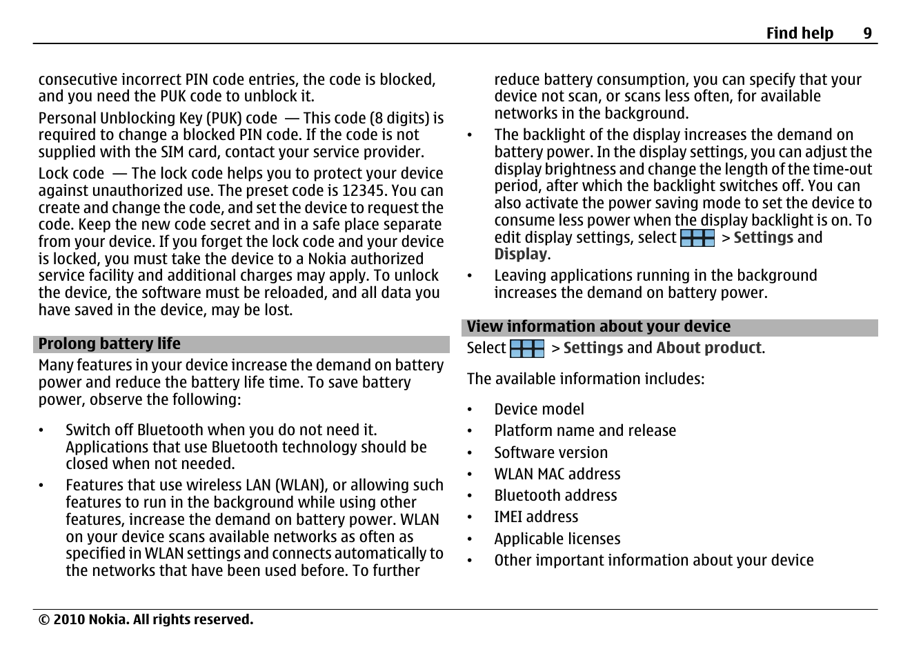 Prolong battery life, View information about your device | Nokia N900 User Manual | Page 9 / 283