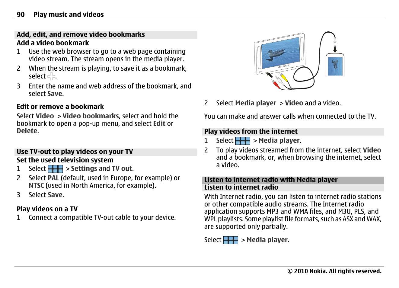 Add, edit, and remove video bookmarks, Use tv-out to play videos on your tv, Play videos from the internet | Listen to internet radio with media player, Listen to internet radio | Nokia N900 User Manual | Page 90 / 283