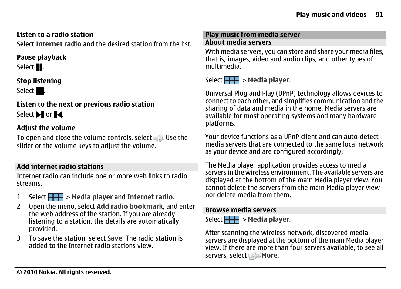 Add internet radio stations, Play music from media server, About media servers | Browse media servers | Nokia N900 User Manual | Page 91 / 283