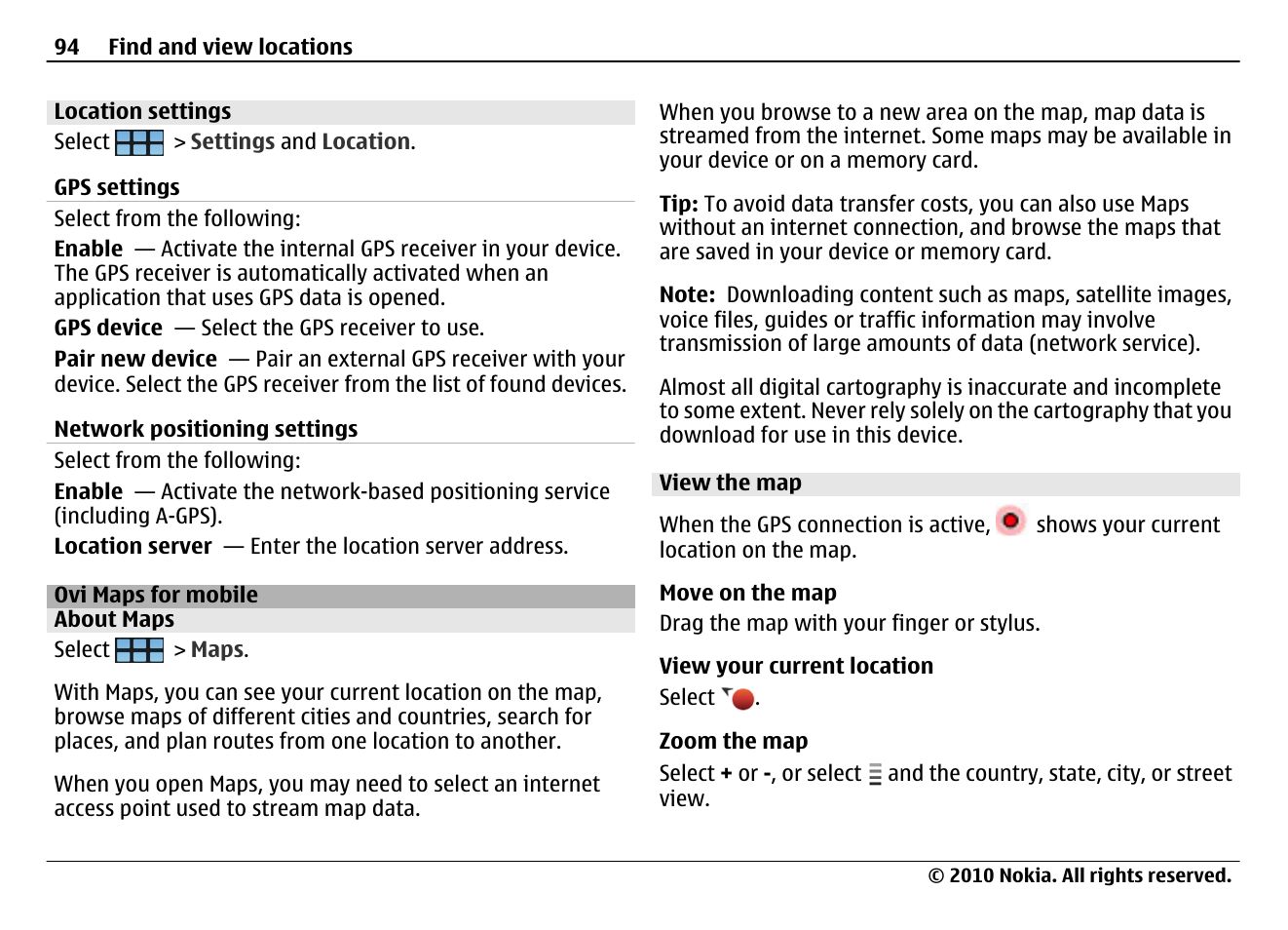 Location settings, Ovi maps for mobile, About maps | View the map | Nokia N900 User Manual | Page 94 / 283