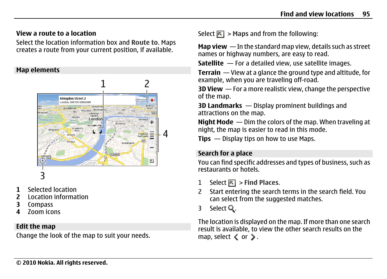 Map elements, Edit the map, Search for a place | Nokia N900 User Manual | Page 95 / 283