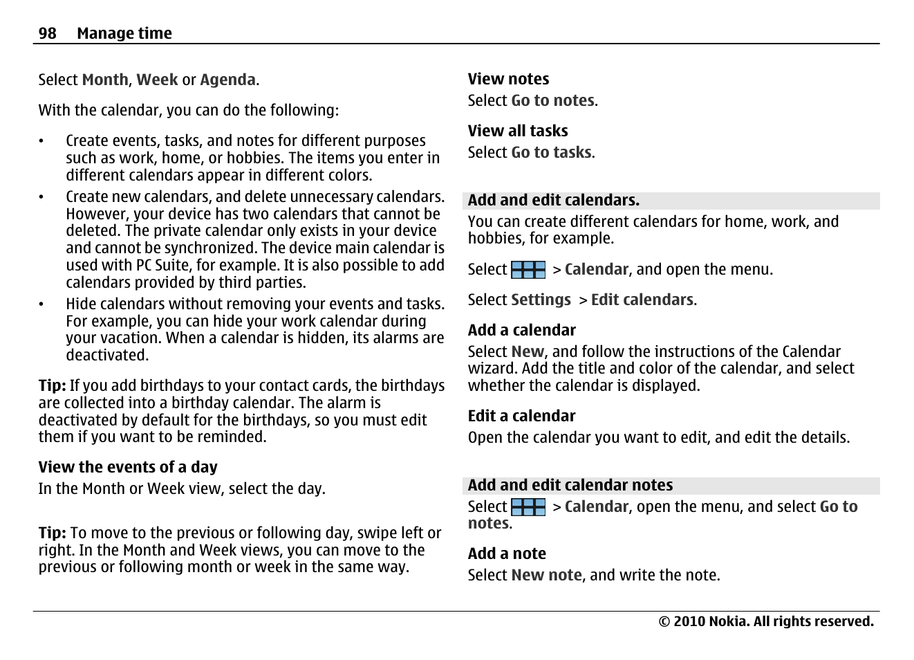 Add and edit calendars, Add and edit calendar notes | Nokia N900 User Manual | Page 98 / 283