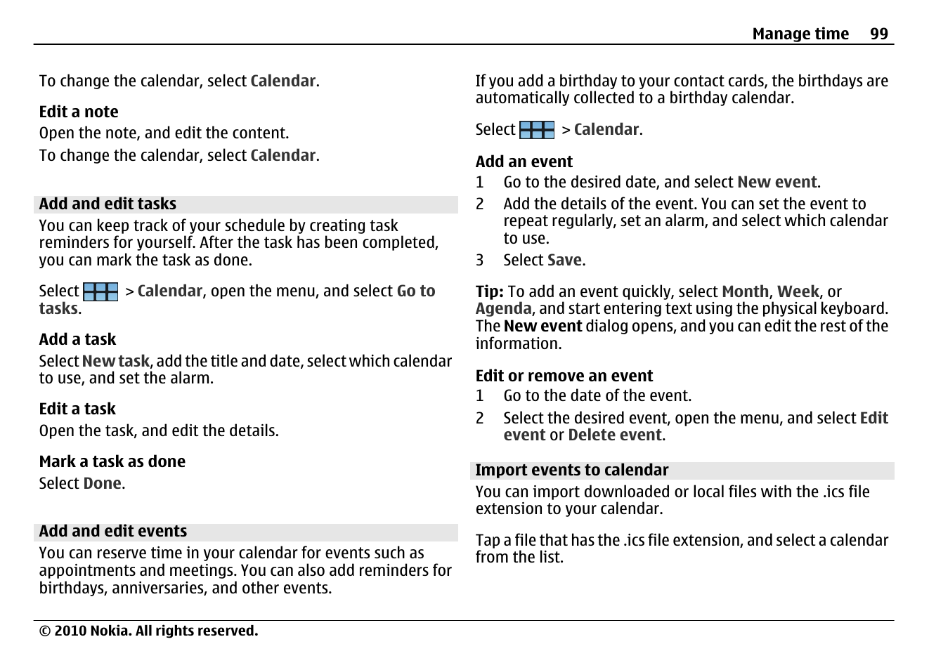 Add and edit tasks, Add and edit events, Import events to calendar | Nokia N900 User Manual | Page 99 / 283