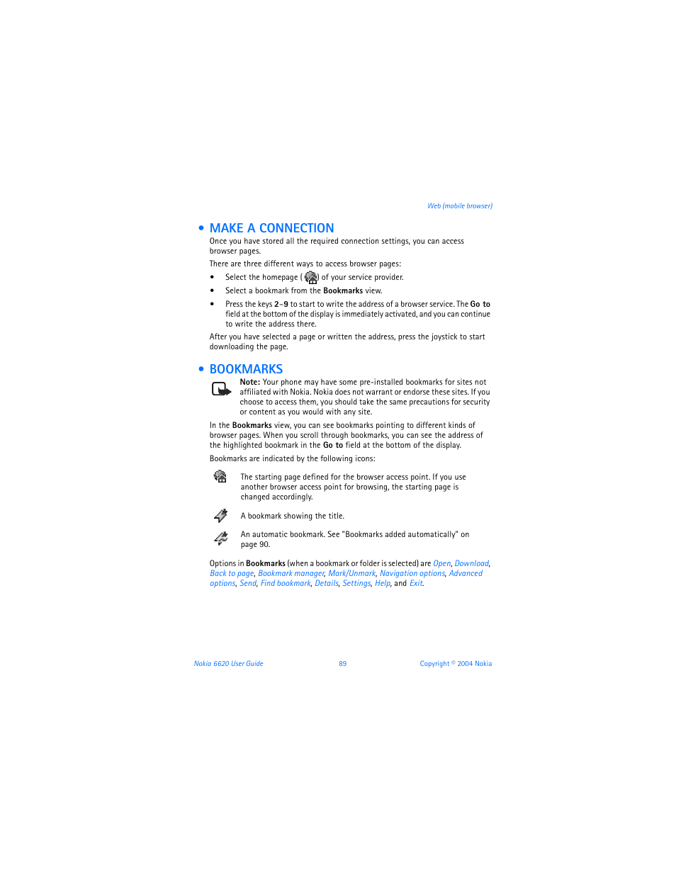 Make a connection, Bookmarks, Make a connection bookmarks | Nokia 6620 User Manual | Page 100 / 153
