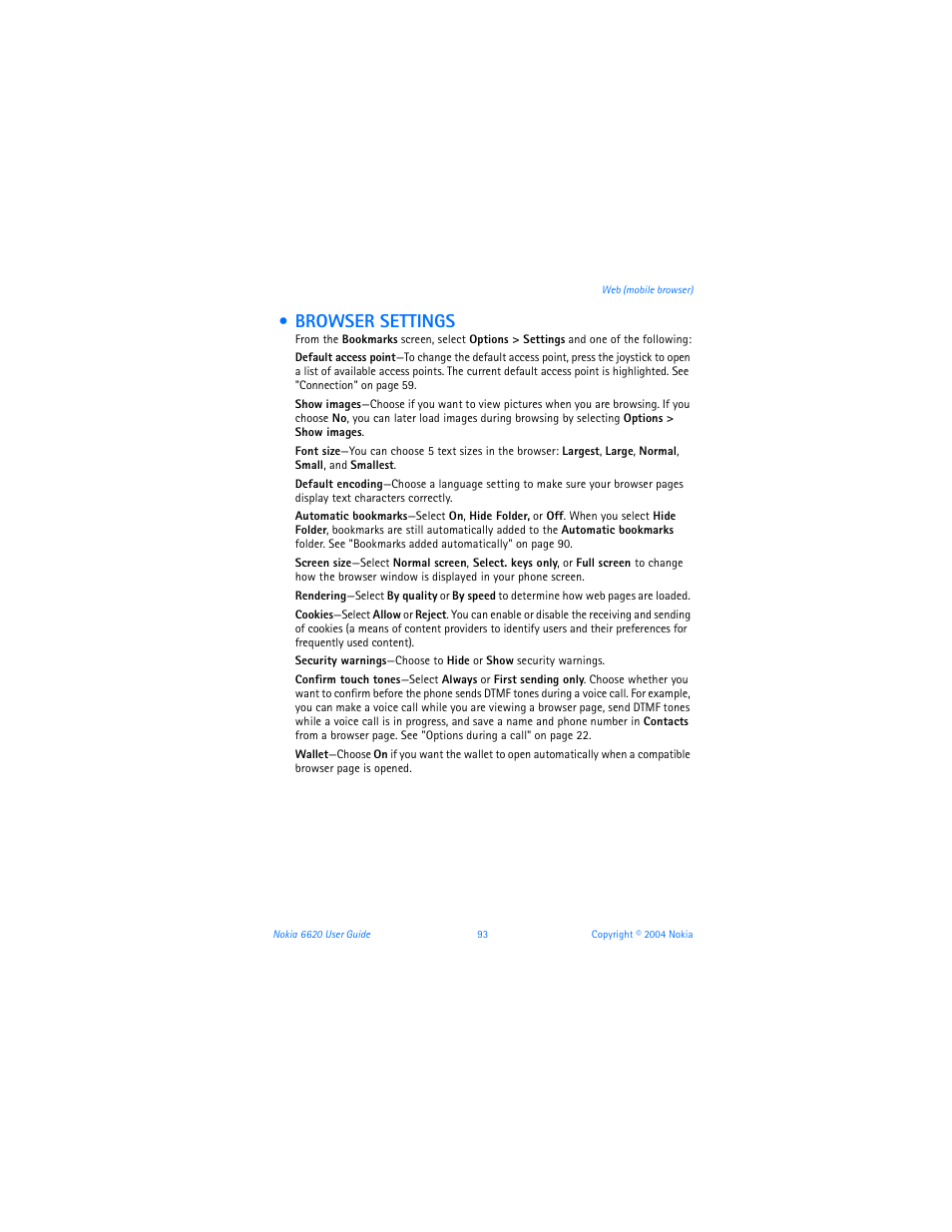 Browser settings | Nokia 6620 User Manual | Page 104 / 153