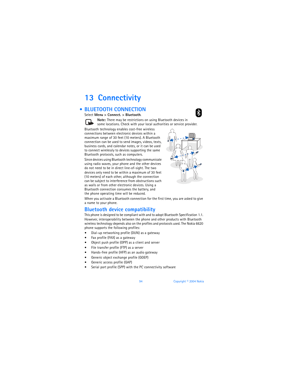 13 connectivity, Bluetooth connection, Bluetooth device compatibility | Nokia 6620 User Manual | Page 105 / 153