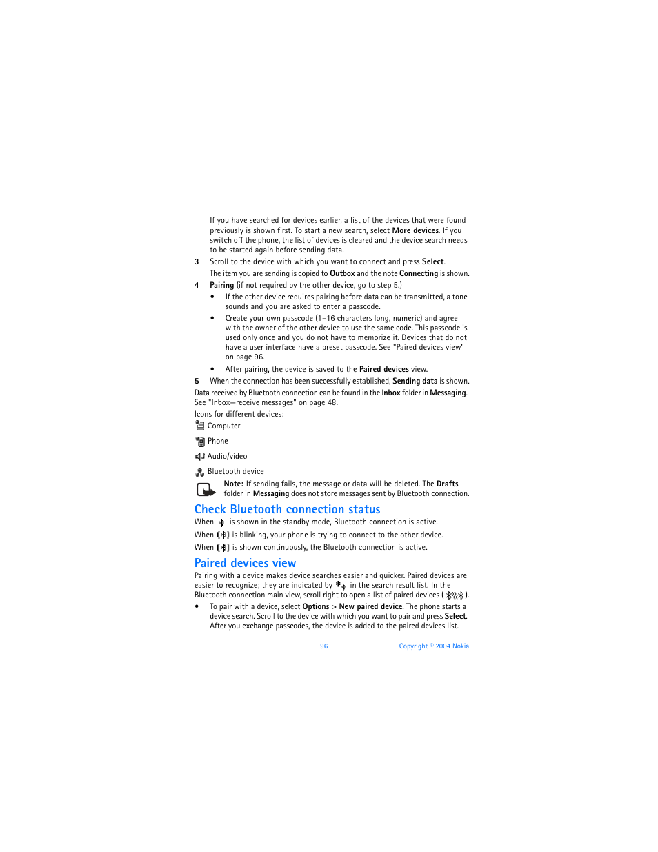 Check bluetooth connection status, Paired devices view | Nokia 6620 User Manual | Page 107 / 153