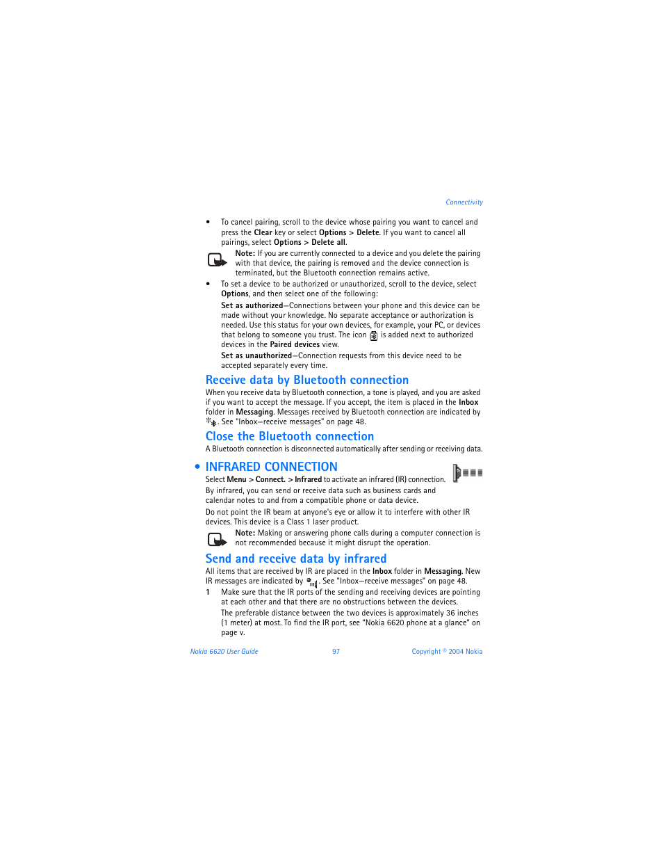 Infrared connection, Receive data by bluetooth connection, Close the bluetooth connection | Send and receive data by infrared | Nokia 6620 User Manual | Page 108 / 153