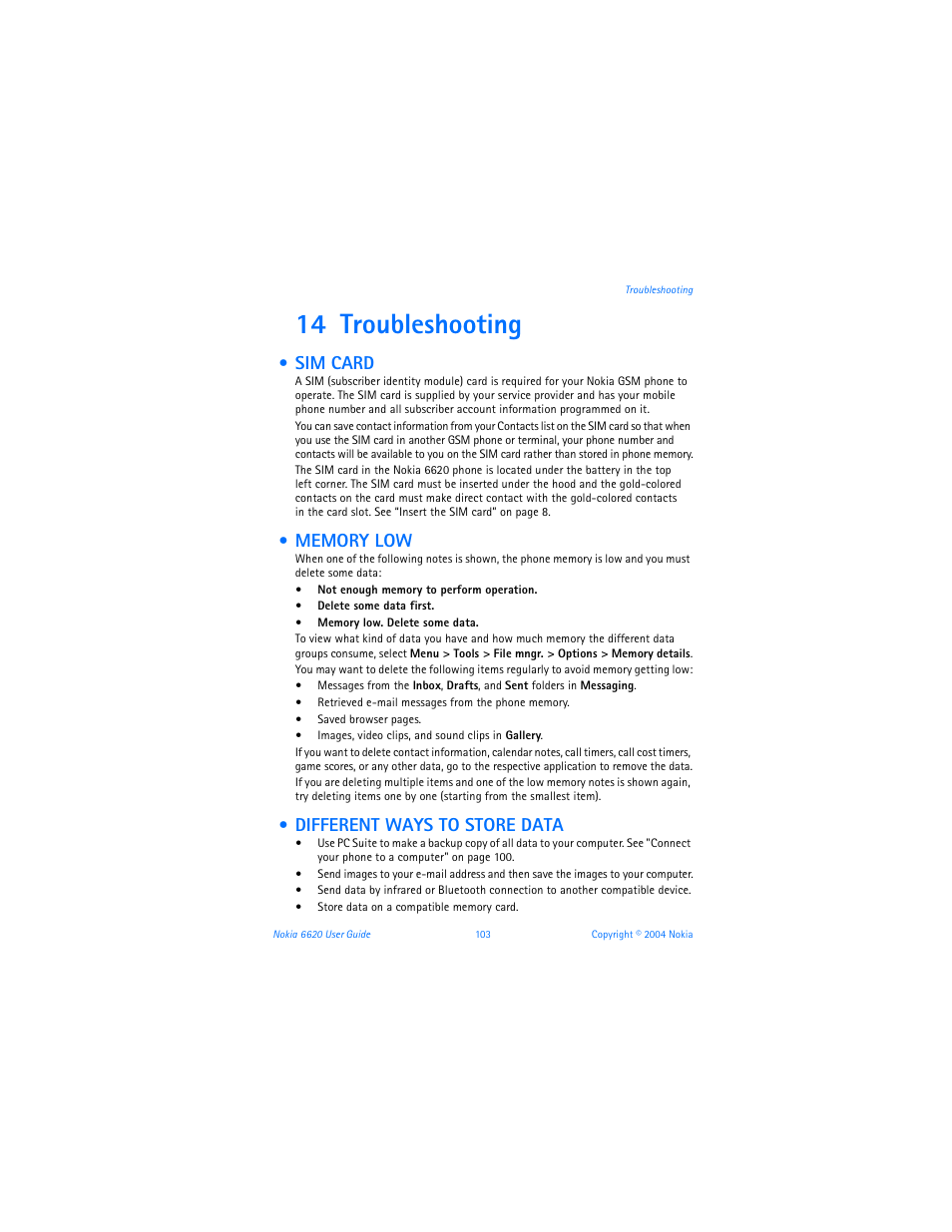 14 troubleshooting, Sim card, Memory low | Different ways to store data, Sim card memory low | Nokia 6620 User Manual | Page 114 / 153
