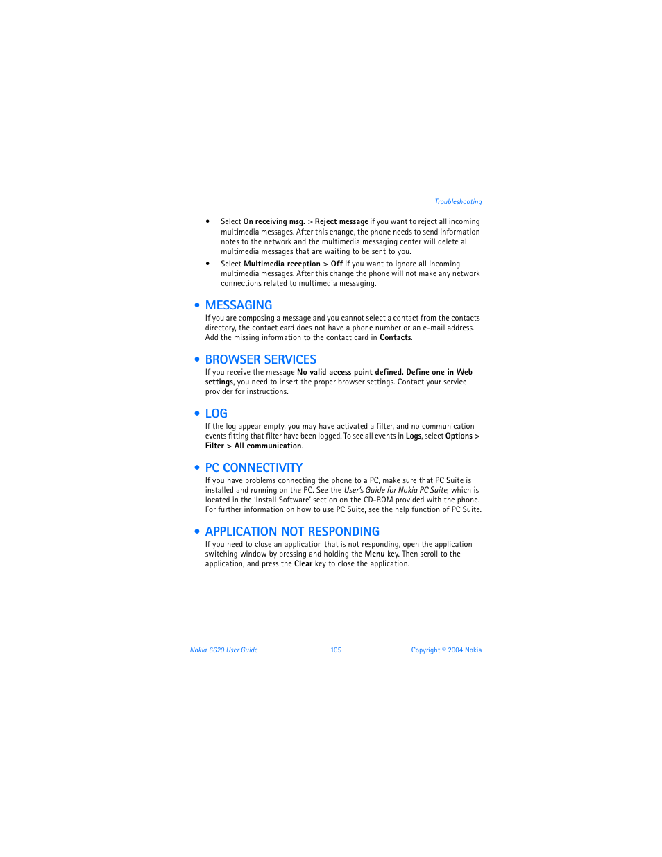 Messaging, Browser services, Pc connectivity | Application not responding | Nokia 6620 User Manual | Page 116 / 153