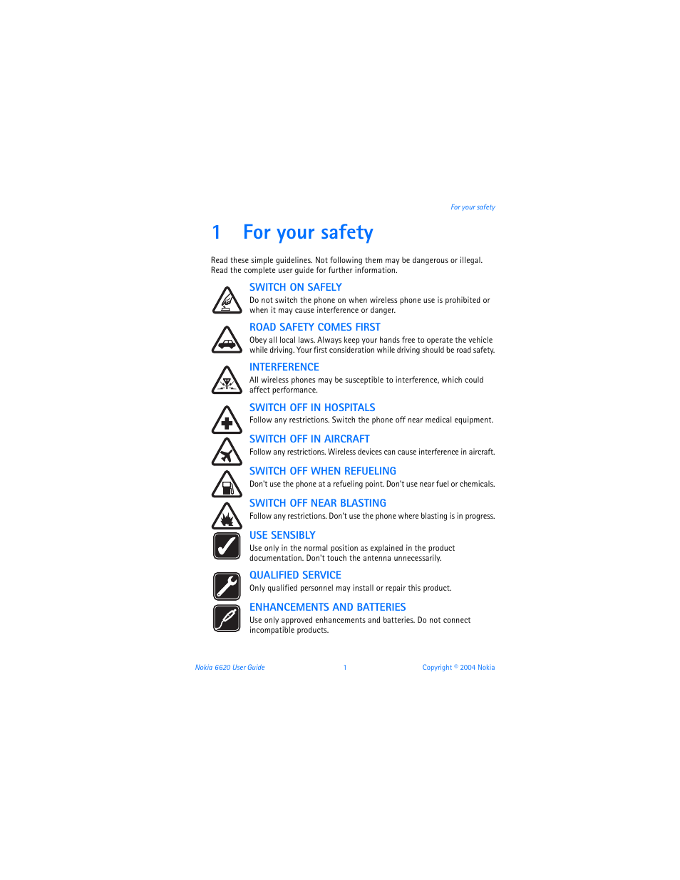 1 for your safety, For your safety, 1for your safety | Nokia 6620 User Manual | Page 12 / 153