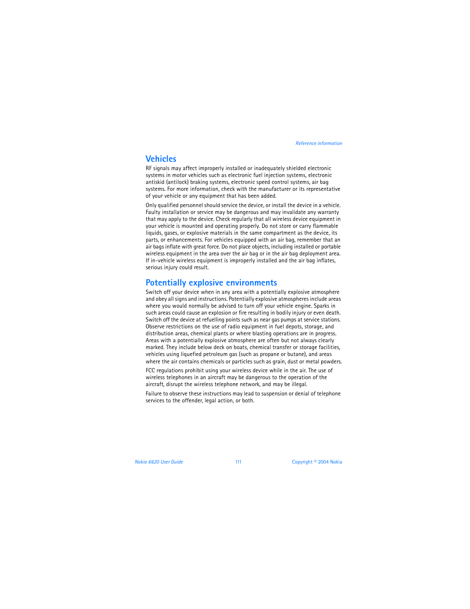 Vehicles, Potentially explosive environments | Nokia 6620 User Manual | Page 122 / 153