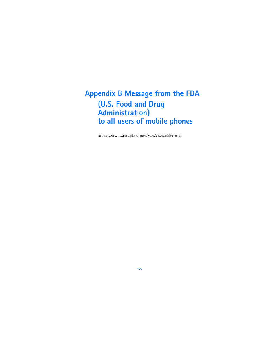 Appendix b message from the fda | Nokia 6620 User Manual | Page 136 / 153