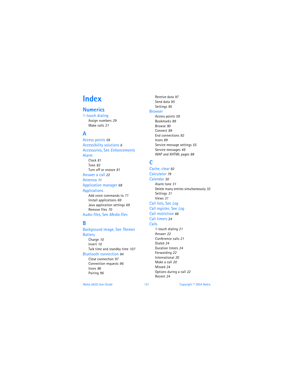 Index, Numerics | Nokia 6620 User Manual | Page 142 / 153