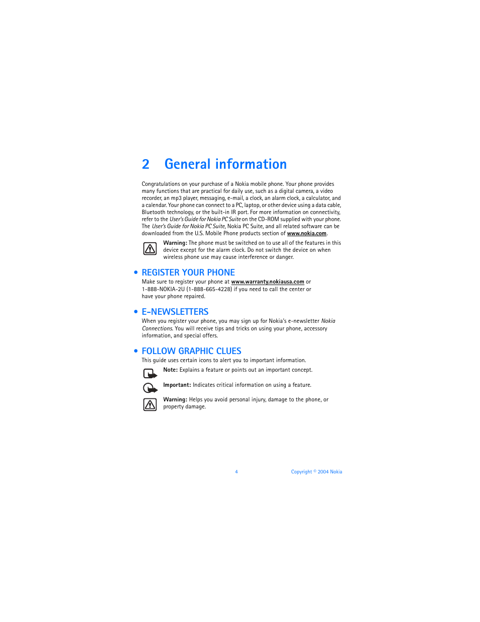 2 general information, Register your phone, E-newsletters | Follow graphic clues, General information, 2general information | Nokia 6620 User Manual | Page 15 / 153