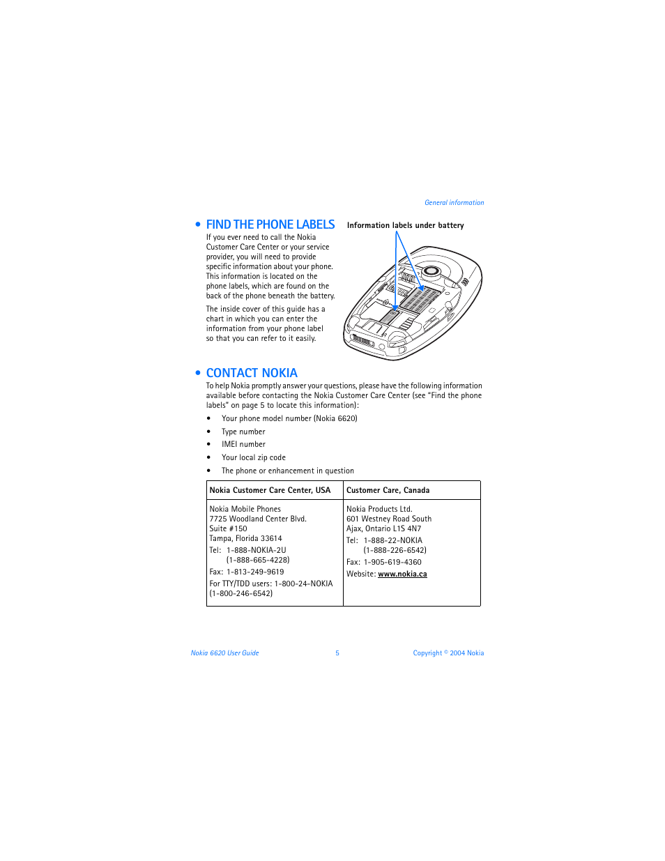 Find the phone labels, Contact nokia, Find the phone labels contact nokia | Nokia 6620 User Manual | Page 16 / 153