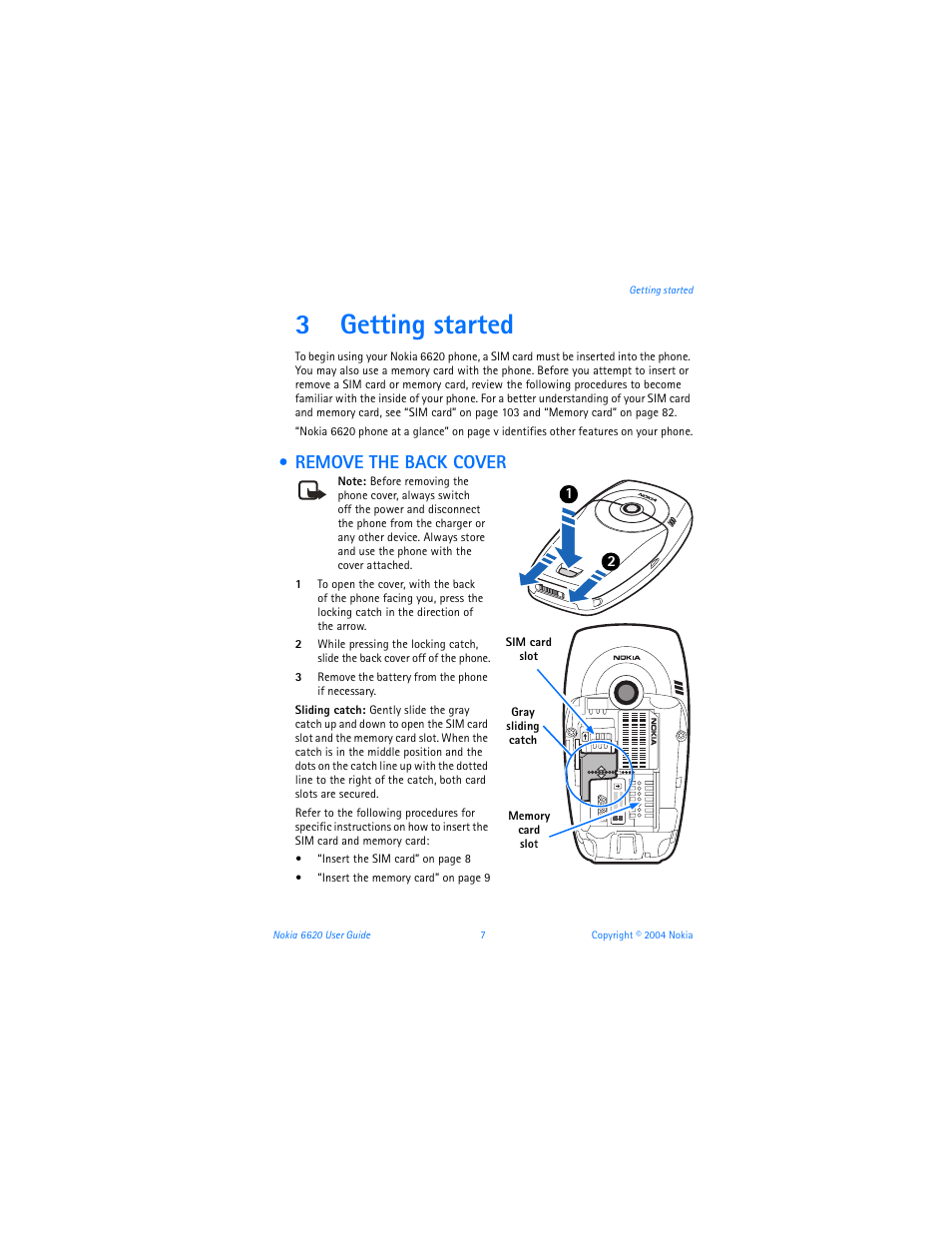 3 getting started, Remove the back cover, Getting started | 3getting started | Nokia 6620 User Manual | Page 18 / 153