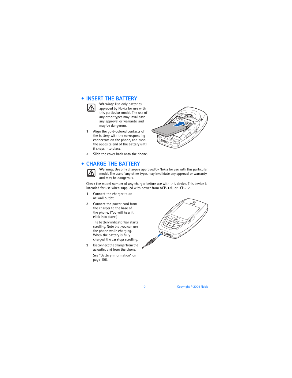 Insert the battery, Charge the battery, Insert the battery charge the battery | Nokia 6620 User Manual | Page 21 / 153