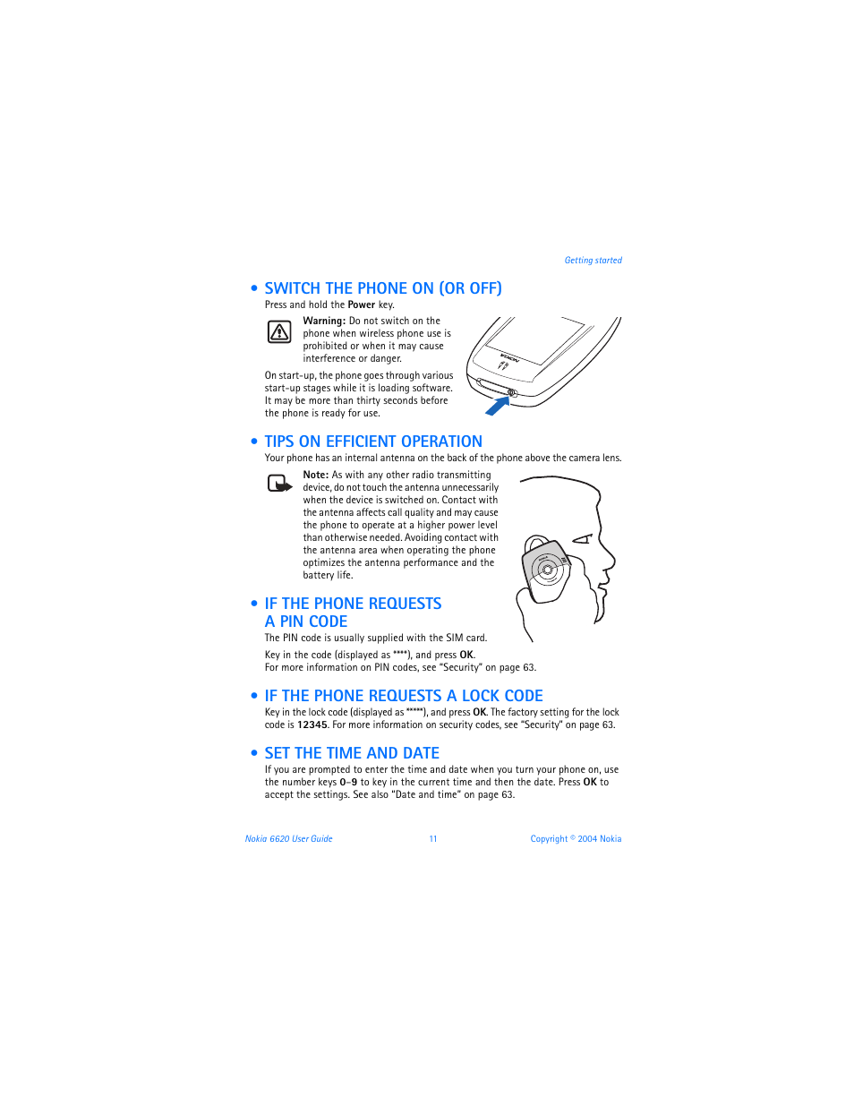 Switch the phone on (or off), Tips on efficient operation, If the phone requests a pin code | If the phone requests a lock code, Set the time and date | Nokia 6620 User Manual | Page 22 / 153