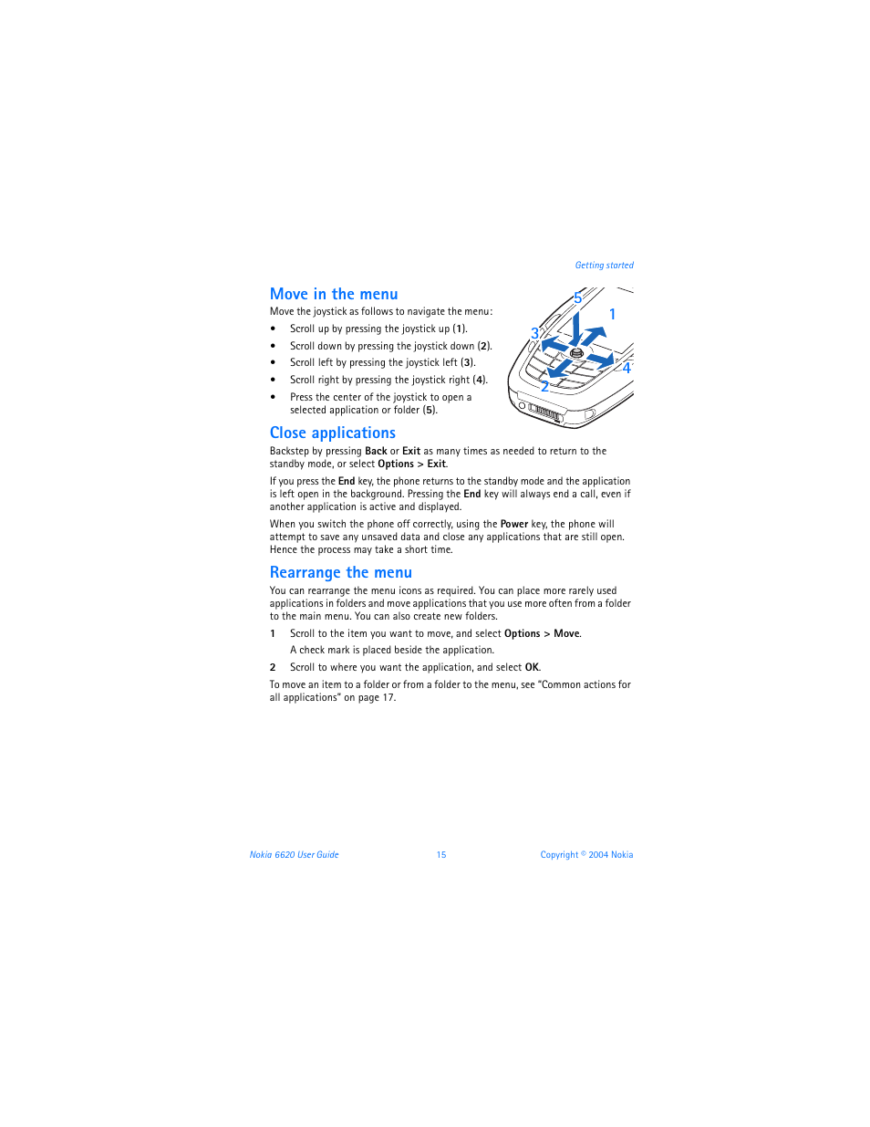 Move in the menu, Close applications, Rearrange the menu | Nokia 6620 User Manual | Page 26 / 153