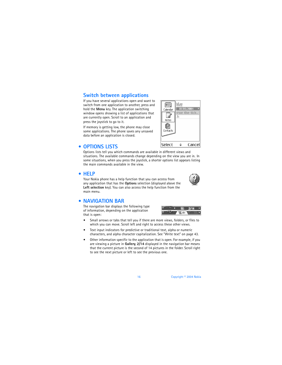 Options lists, Help, Navigation bar | Options lists help navigation bar, Switch between applications | Nokia 6620 User Manual | Page 27 / 153
