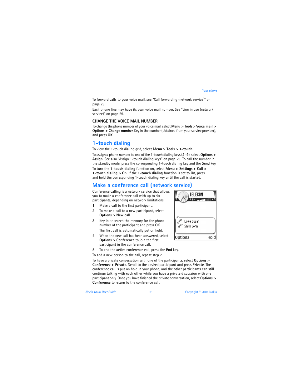 Touch dialing, Make a conference call (network service) | Nokia 6620 User Manual | Page 32 / 153