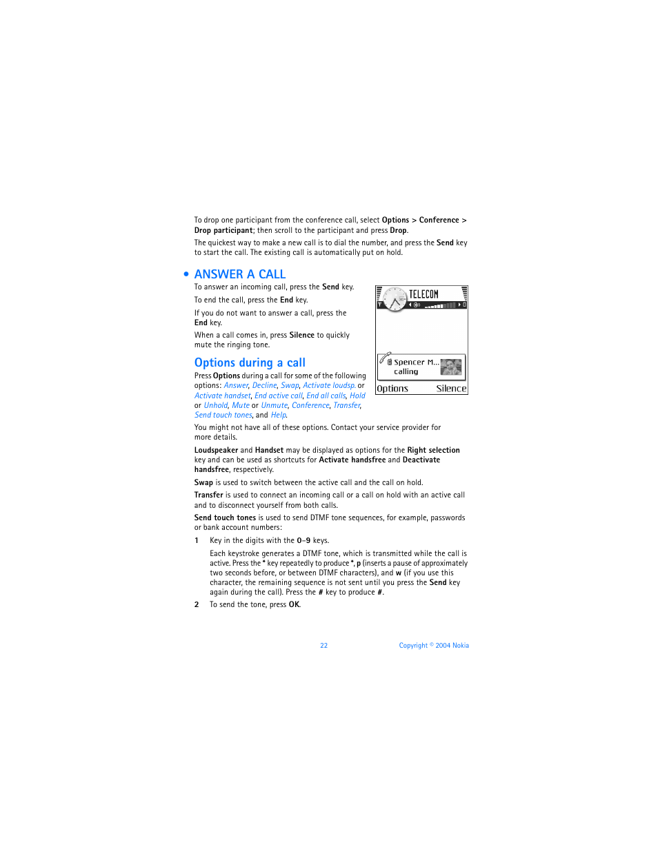Answer a call, Options during a call | Nokia 6620 User Manual | Page 33 / 153