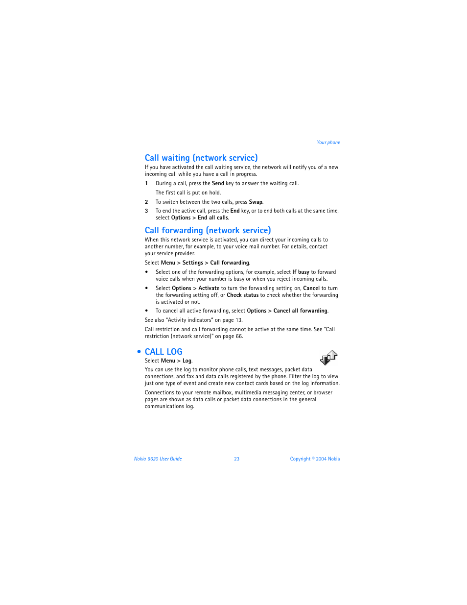 Call log, Call waiting (network service), Call forwarding (network service) | Nokia 6620 User Manual | Page 34 / 153