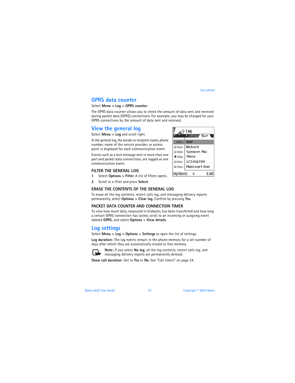 Gprs data counter, View the general log, Log settings | Nokia 6620 User Manual | Page 36 / 153