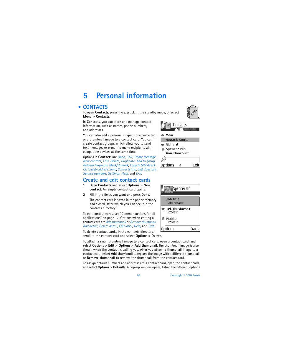5 personal information, Contacts, Personal information | 5personal information, Create and edit contact cards | Nokia 6620 User Manual | Page 37 / 153