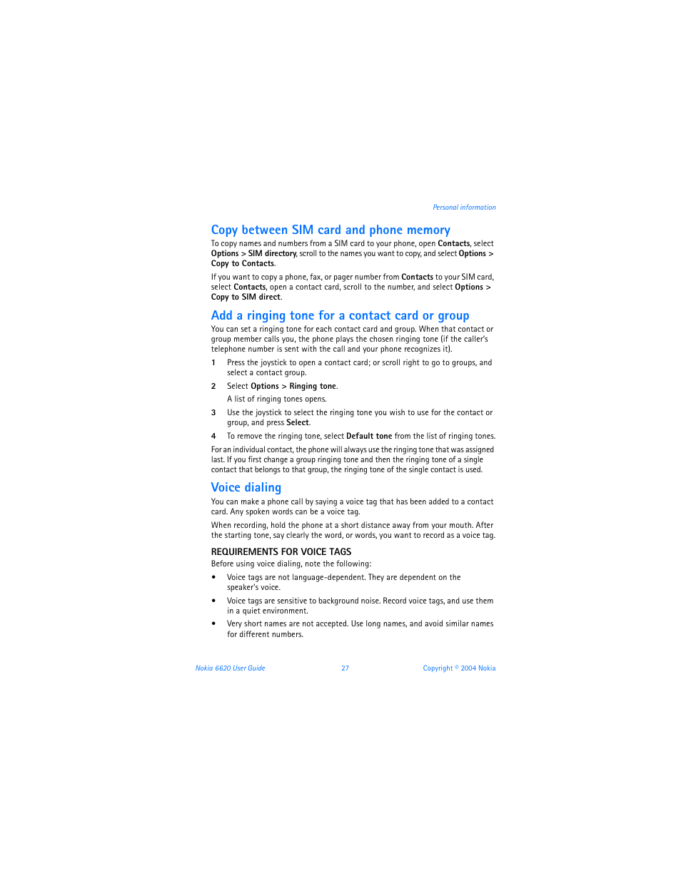 Add a ringing tone for a contact card or group, Voice dialing | Nokia 6620 User Manual | Page 38 / 153
