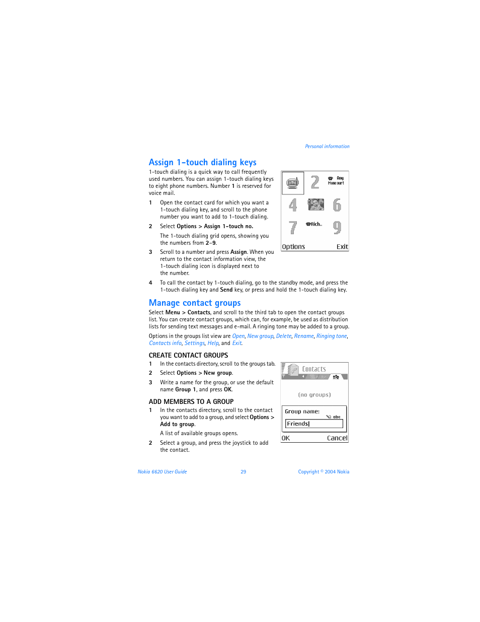 Assign 1-touch dialing keys, Manage contact groups | Nokia 6620 User Manual | Page 40 / 153