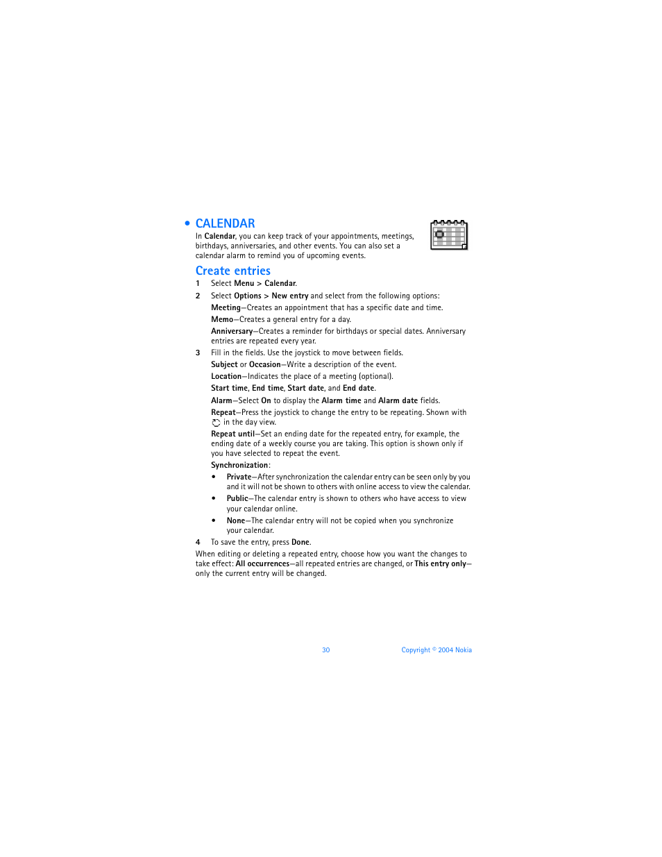 Calendar, Create entries | Nokia 6620 User Manual | Page 41 / 153
