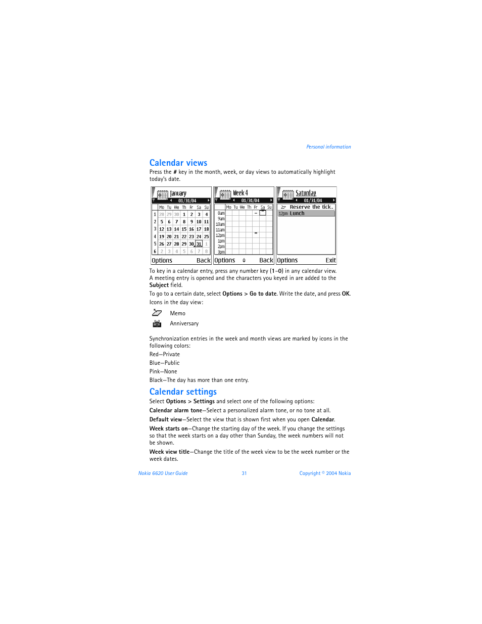 Calendar views, Calendar settings | Nokia 6620 User Manual | Page 42 / 153