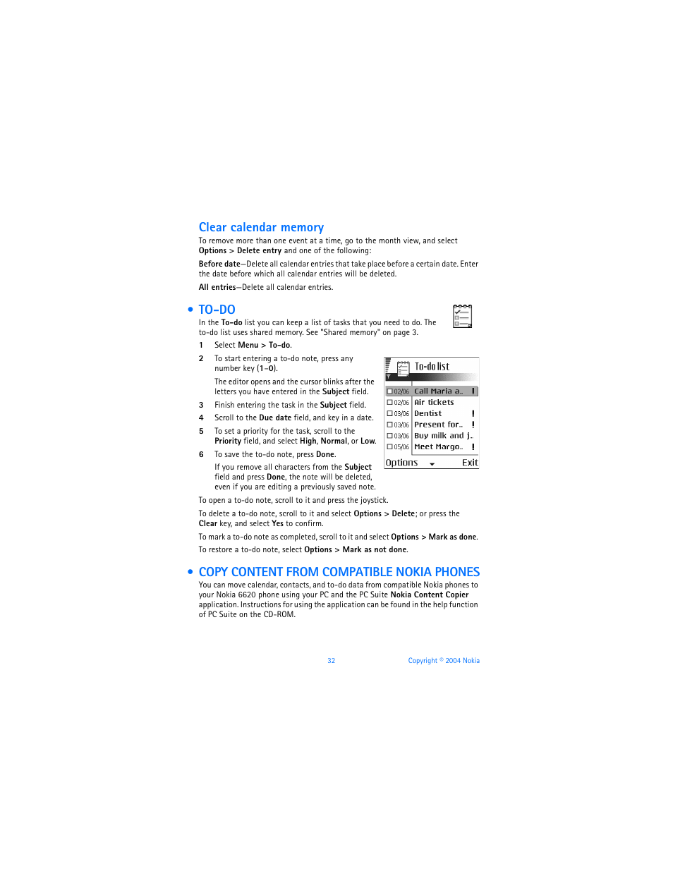 To-do, Copy content from compatible nokia phones, To-do copy content from compatible nokia phones | Nokia 6620 User Manual | Page 43 / 153