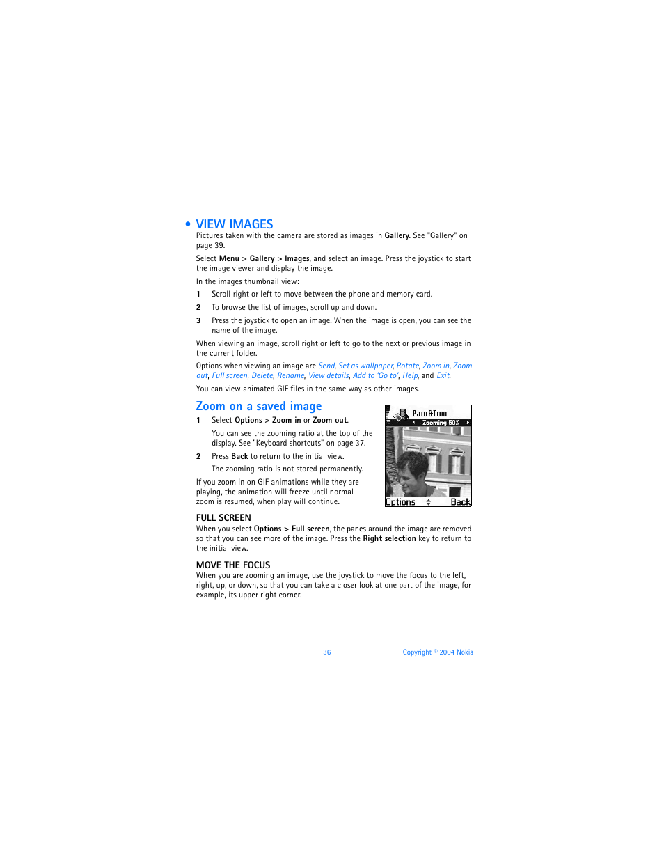 View images, Zoom on a saved image | Nokia 6620 User Manual | Page 47 / 153