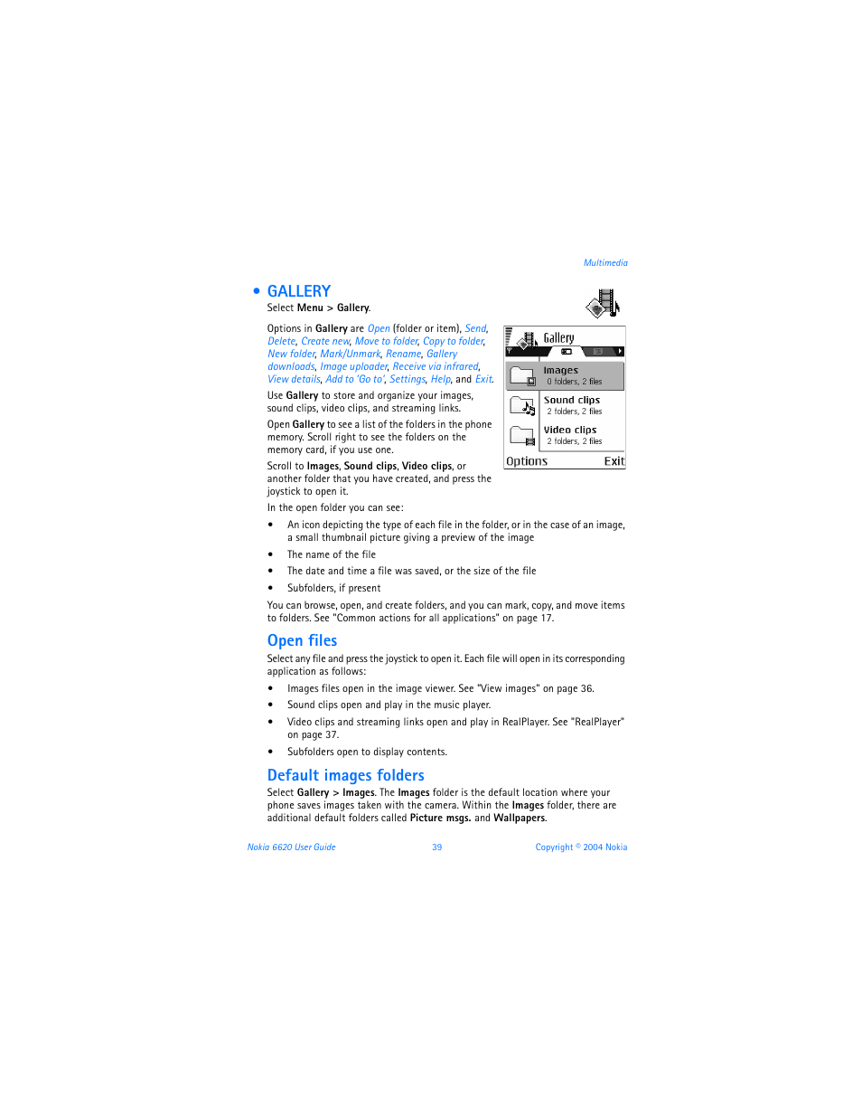 Gallery, Open files, Default images folders | Nokia 6620 User Manual | Page 50 / 153
