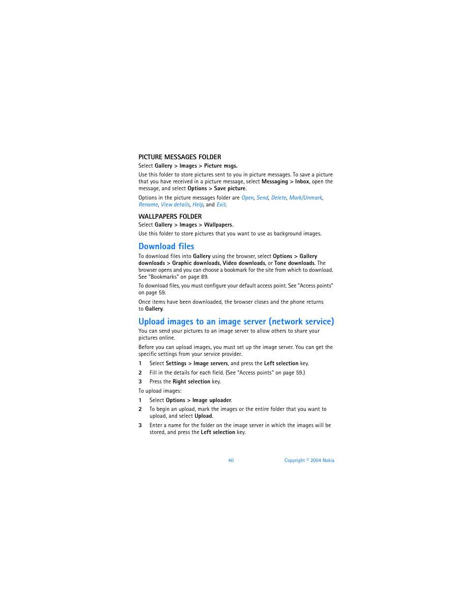 Download files, Upload images to an image server (network service) | Nokia 6620 User Manual | Page 51 / 153
