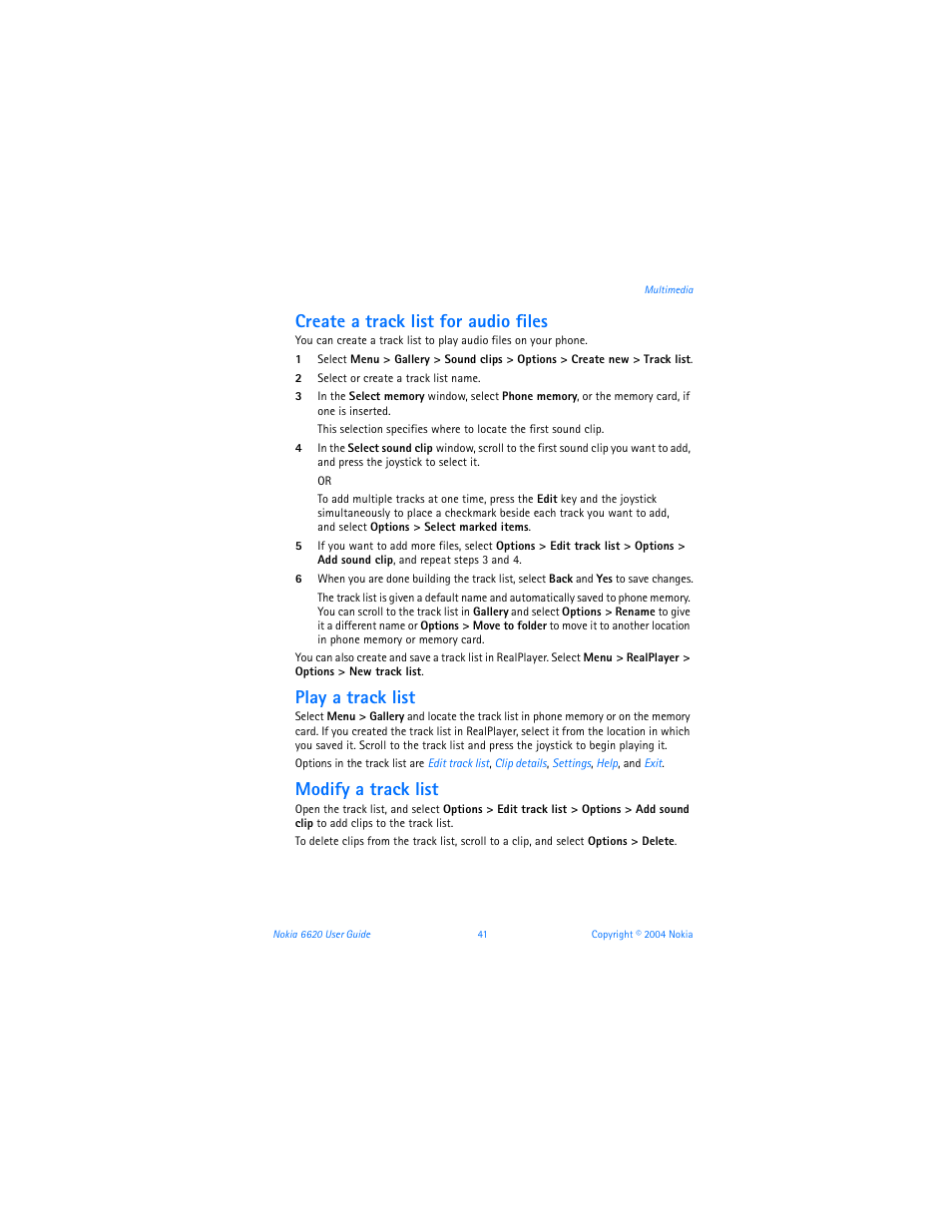 Create a track list for audio files, Play a track list, Modify a track list | Nokia 6620 User Manual | Page 52 / 153