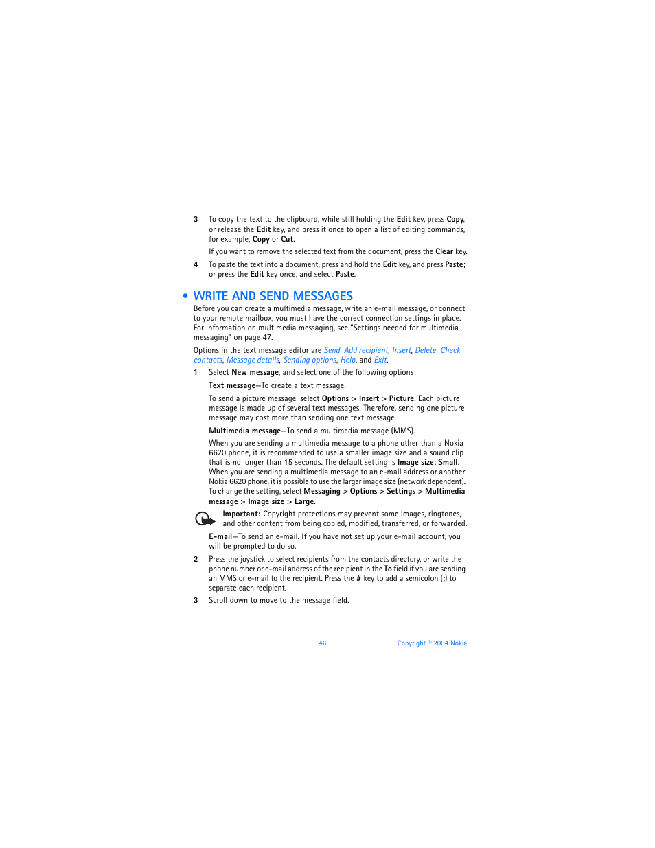 Write and send messages | Nokia 6620 User Manual | Page 57 / 153