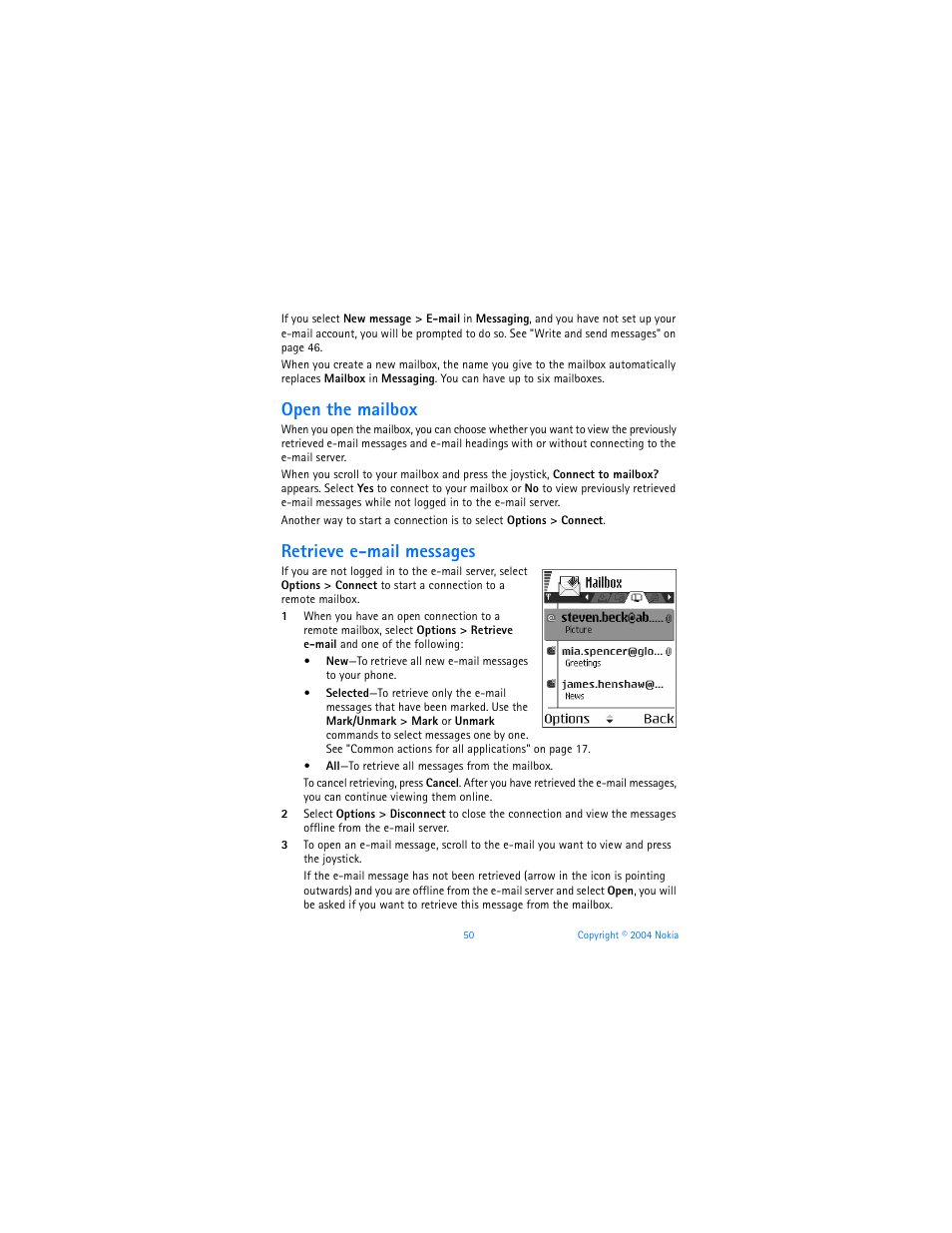 Open the mailbox, Retrieve e-mail messages | Nokia 6620 User Manual | Page 61 / 153