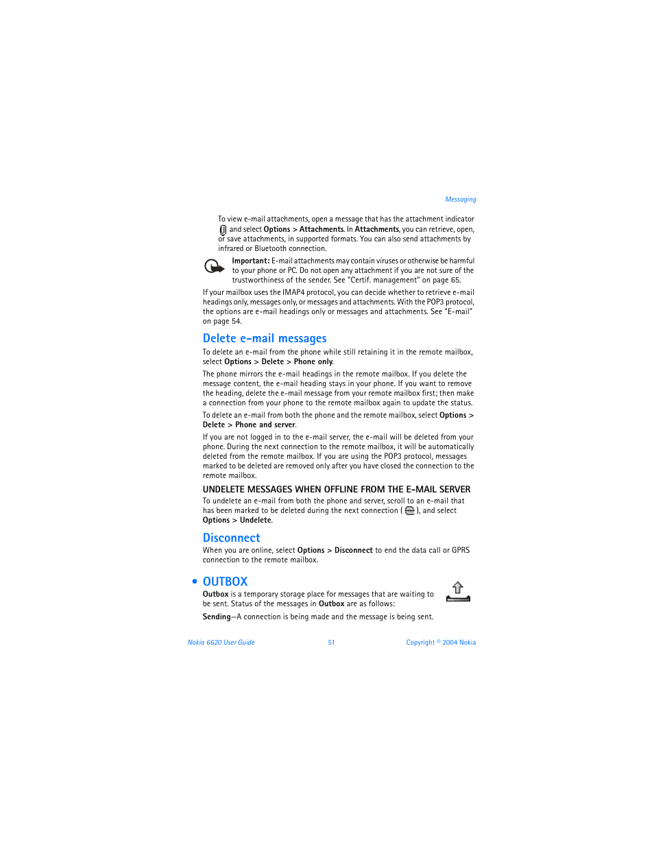Outbox, Delete e-mail messages, Disconnect | Nokia 6620 User Manual | Page 62 / 153