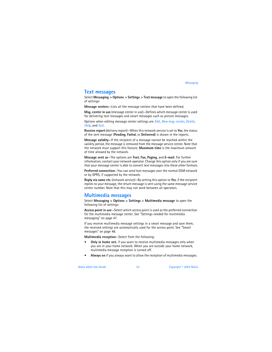 Text messages, Multimedia messages | Nokia 6620 User Manual | Page 64 / 153