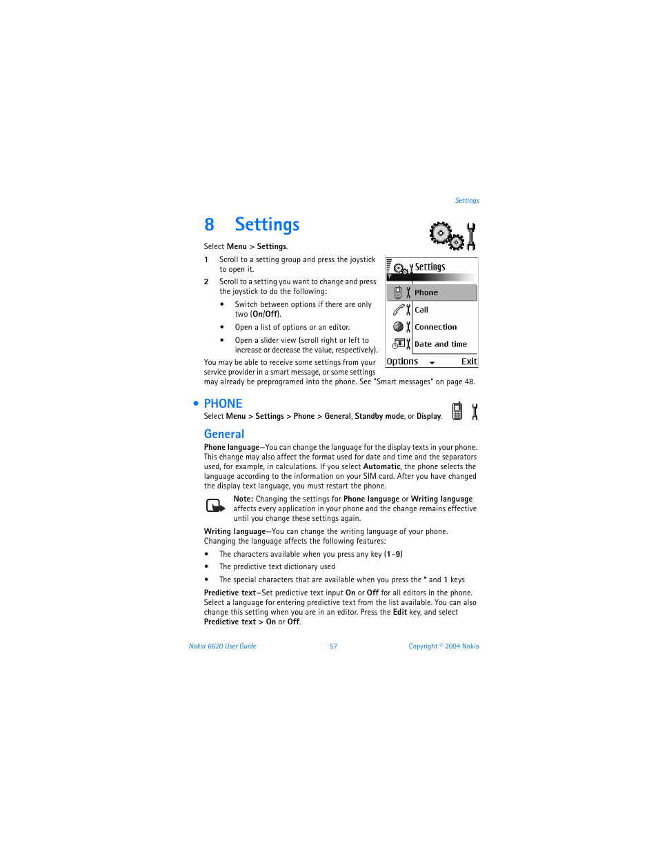 8 settings, Phone, Settings | 8settings, General | Nokia 6620 User Manual | Page 68 / 153