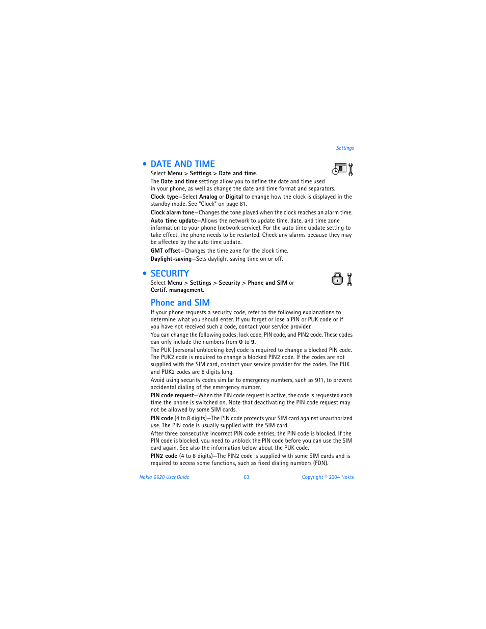 Date and time, Security, Date and time security | Phone and sim | Nokia 6620 User Manual | Page 74 / 153