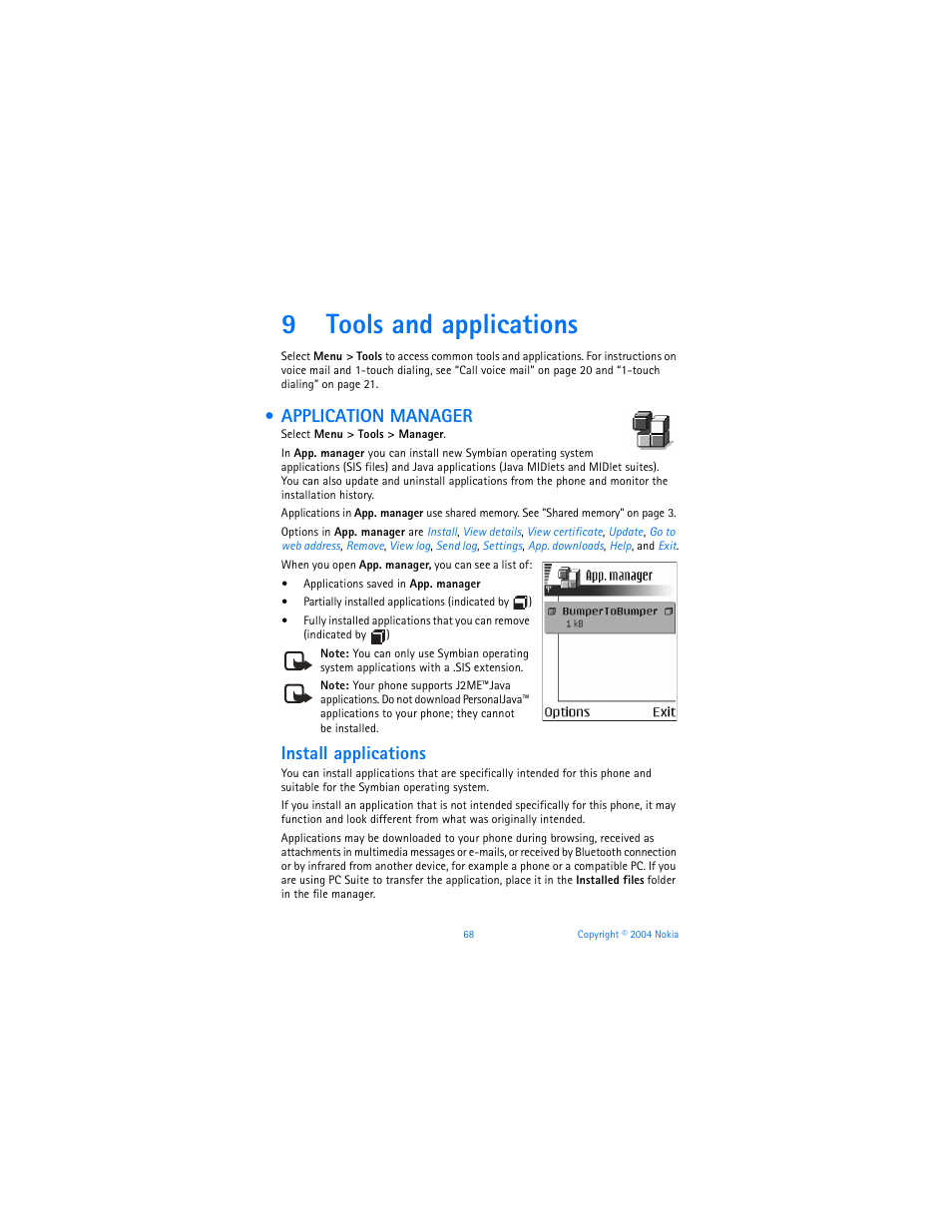 9 tools and applications, Application manager, Tools and applications | 9tools and applications, Install applications | Nokia 6620 User Manual | Page 79 / 153