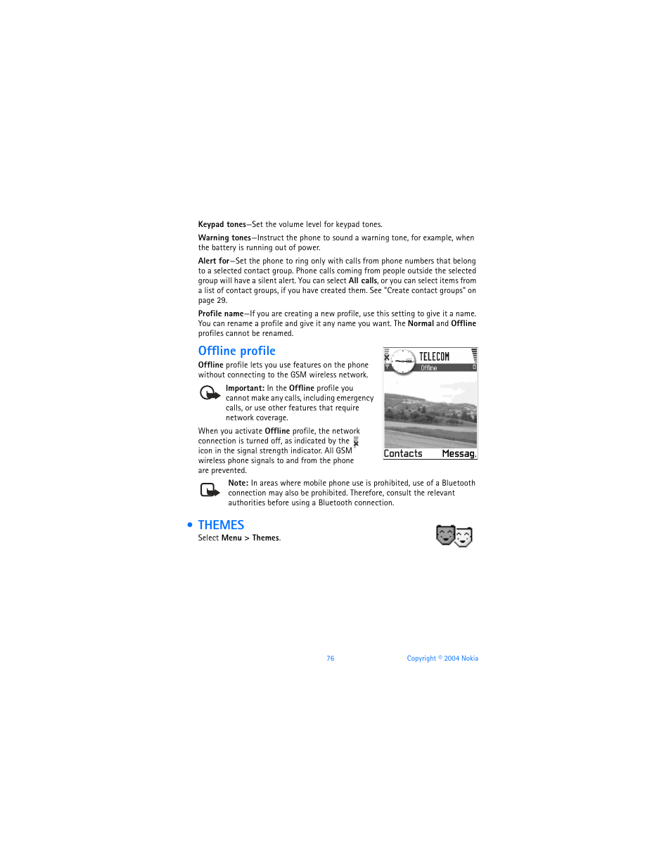 Themes, Offline profile | Nokia 6620 User Manual | Page 87 / 153