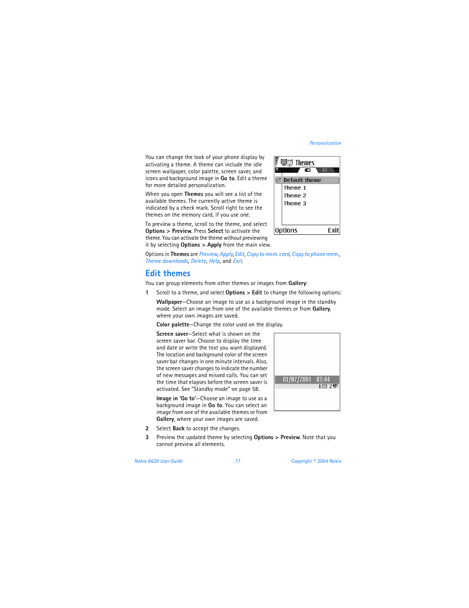 Edit themes | Nokia 6620 User Manual | Page 88 / 153