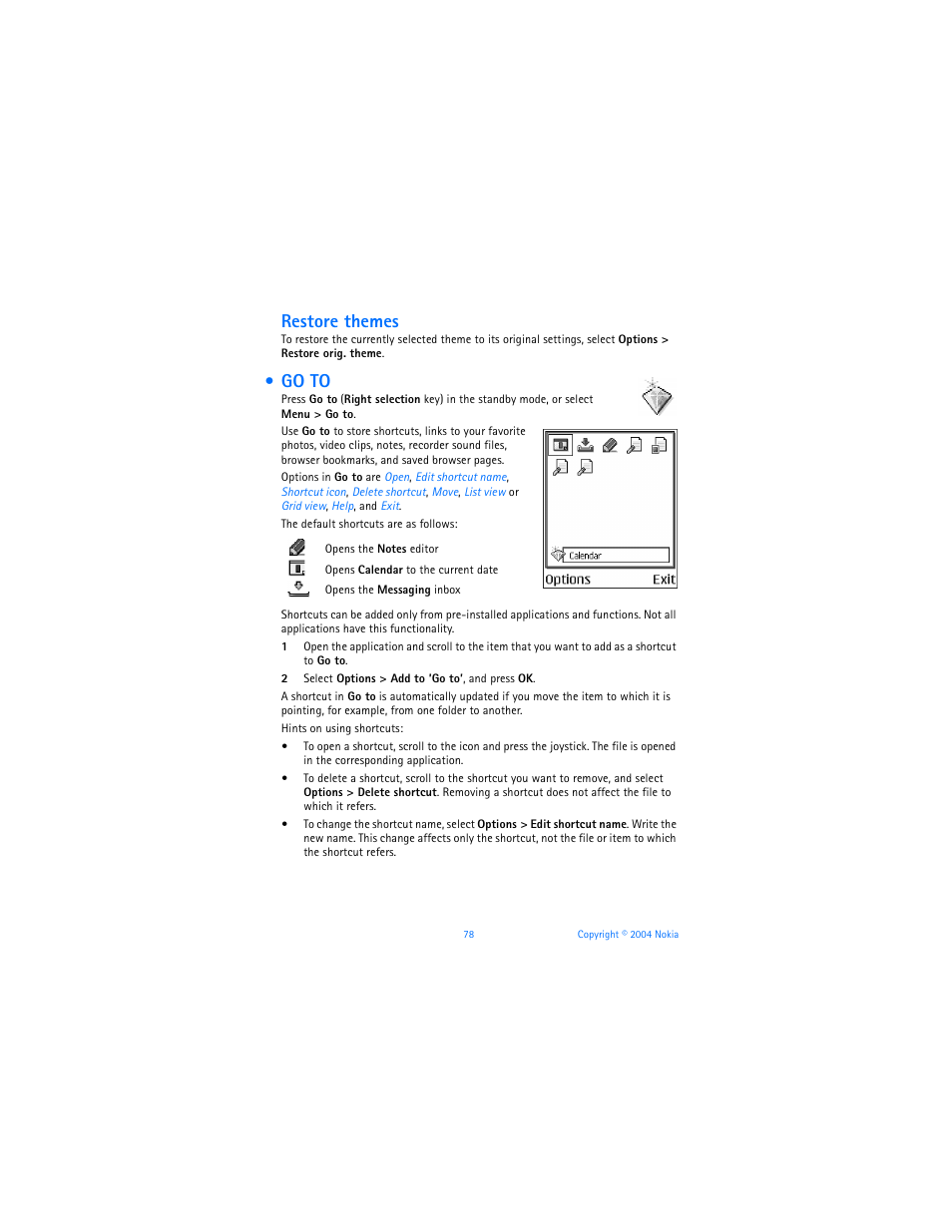 Go to, Restore themes | Nokia 6620 User Manual | Page 89 / 153