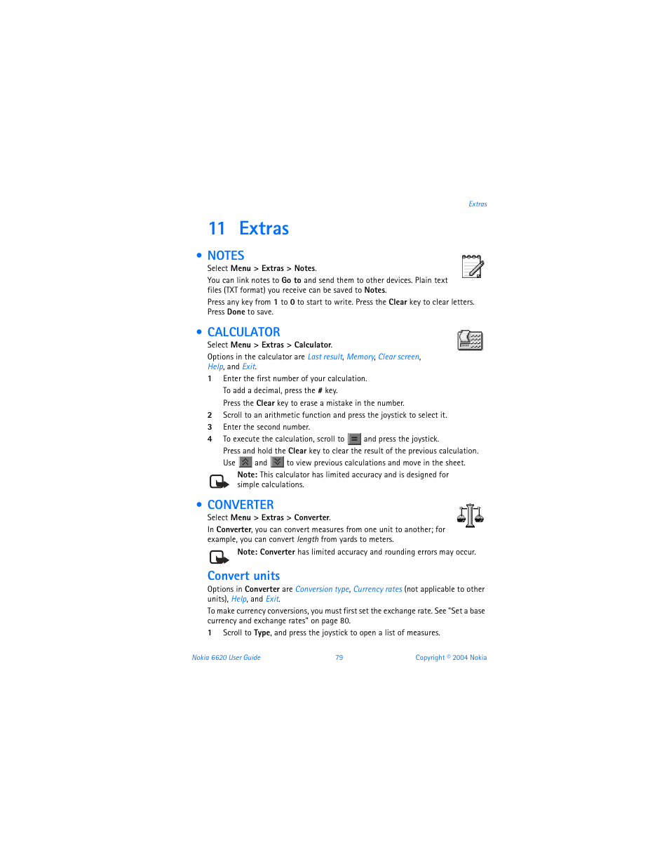 11 extras, Notes, Calculator | Converter, Notes calculator converter, Convert units | Nokia 6620 User Manual | Page 90 / 153